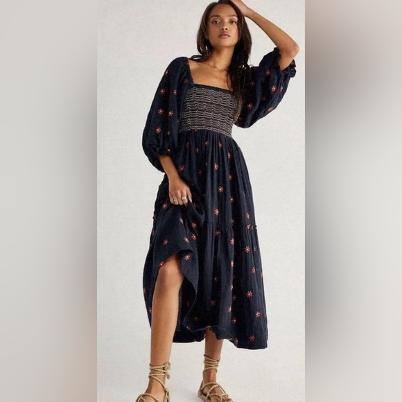 Free People Dahlia Embroidered Maxi Dress in Black Combo - Size XS - Picture 1 of 5